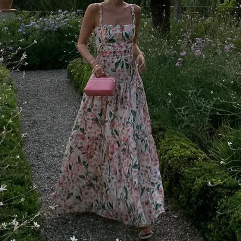 Aiertu  -  Floral Print High Waist Long Dress Summer Hollow Out Sleeveless Garden Party Dress Sexy Off Shoulder Suspender Beach Dress Aiertu
