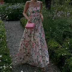 Aiertu  -  Floral Print High Waist Long Dress Summer Hollow Out Sleeveless Garden Party Dress Sexy Off Shoulder Suspender Beach Dress Aiertu