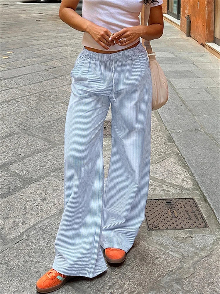 Aiertu  Streetwear Striped Print Loose Trousers Lace-up Joggers Fashion Y2K Baggy Pants Basic Aesthetic 90s Cute Bottoms Aiertu