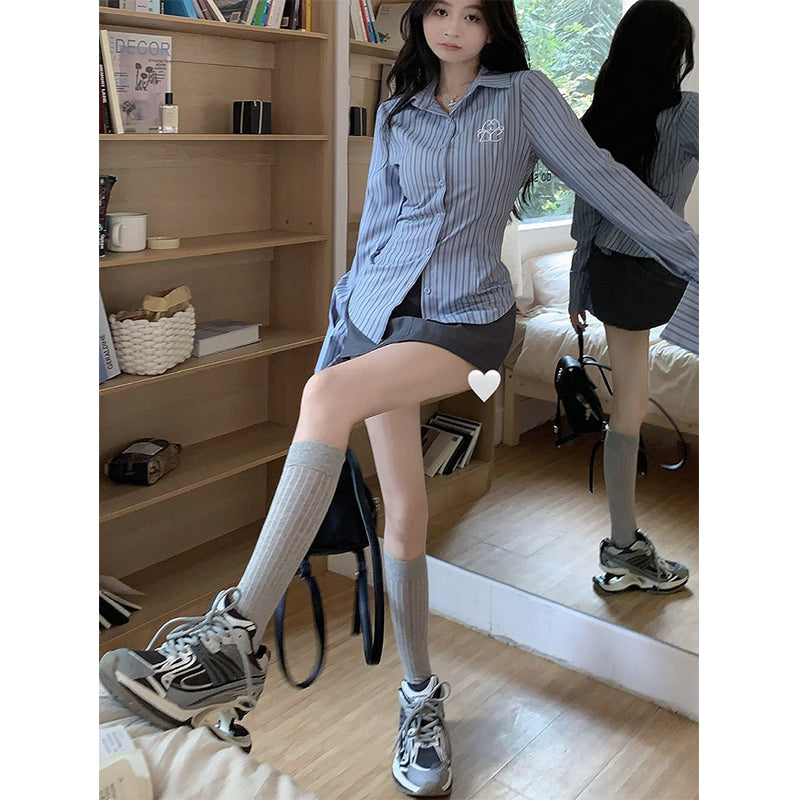 Aiertu Y2K Striped Shirts Women Vintage Print Long Sleeve Slim Blouses Preppy Streetwear Korean Embroidery Chic Casual Tops New Aiertu