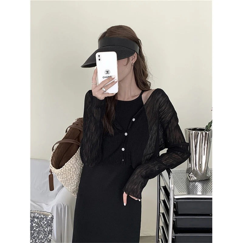 Aiertu Women Cropped Sun Proof Shirts White V Neck Long Sleeve Blouses Summer Korean Fashion Black Sun Protection Cardigan Tops Aiertu