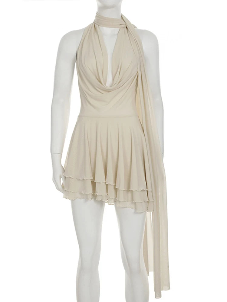 Aiertu  -  Elegant Draped Halter Ribbon Dress For Women  Pile Collar High Waist Irregular Mini Dress Sexy Plunge Club Party Dress Aiertu