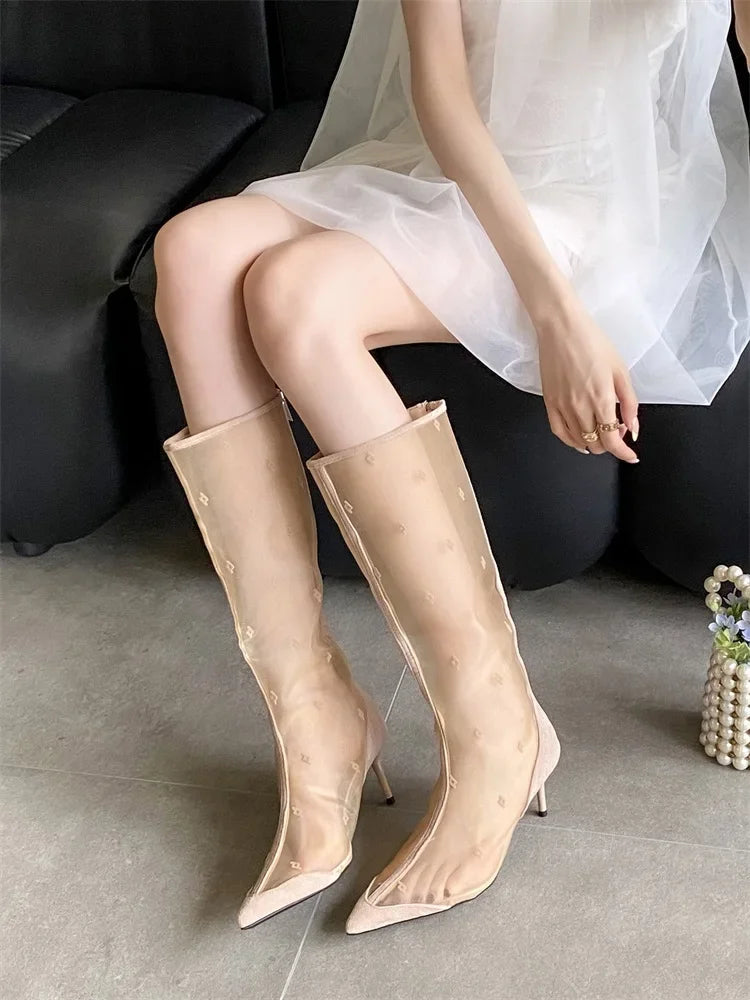 Aiertu  -   Autumn Street Style Design Breathable Mesh Women Knee-High Boots Pointed Toe Thin Low Heels Sandals Booties Ladies Shoes Aiertu
