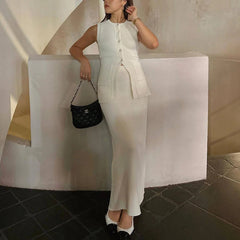 Aiertu  -  Summer Fashion Knitted Skirt Suit Sleeveless Vest Pocket Slit High Waist Long Skirt Elegant White Ribbed Knitwear Outfits Aiertu
