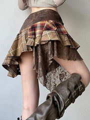 Aiertu - summer inspo American Retro Asymmetrical Women’s Mini Skirts Lace Stripes Plaid Leather Irregular Fashion Chic Design Short Dresses Aiertu