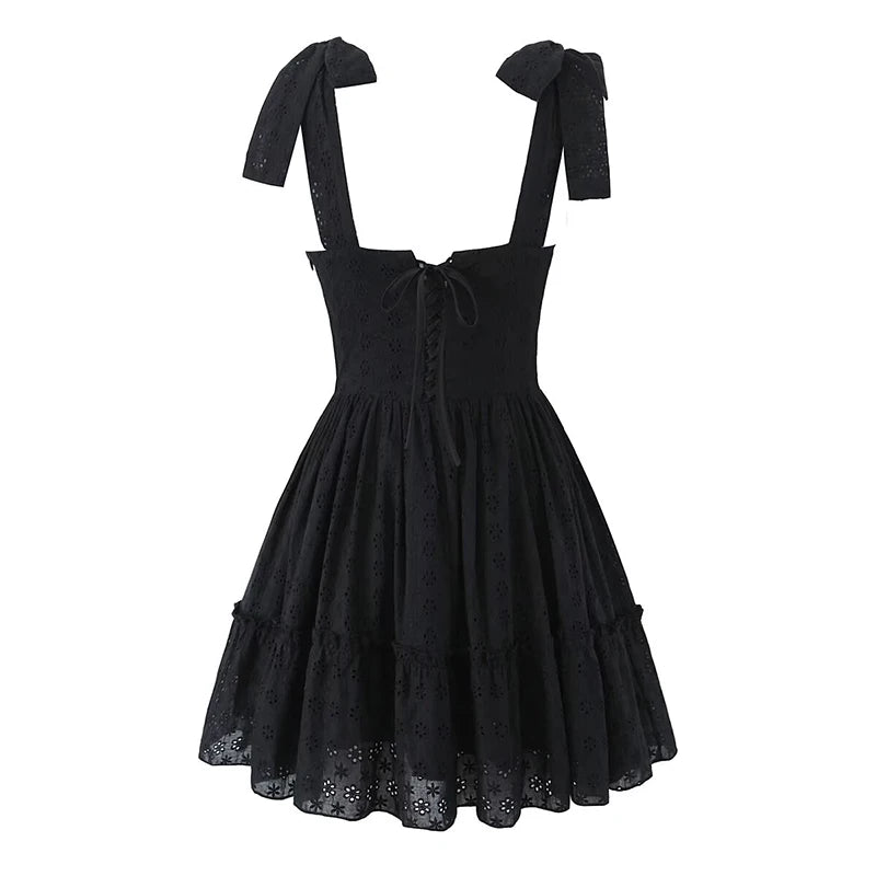 Aiertu  -  Summer 2025 Women Hollow Out Embroidery Sling Mini Dresses Lacing Up Back A-line Cotton Black White Short  Dresses Party Robe Aiertu
