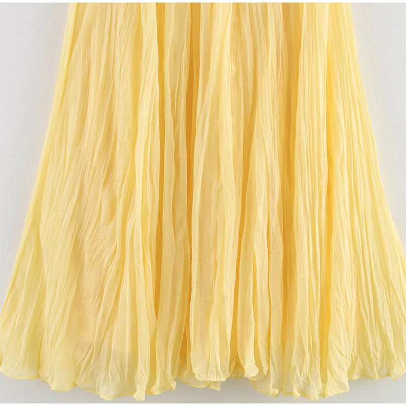 Aiertu  -  Yellow Pleated Long Skirts For Women Casual High Waist A-line Female Vestidos Spring Summer Loose Ladies Streetwear 2025 New Aiertu