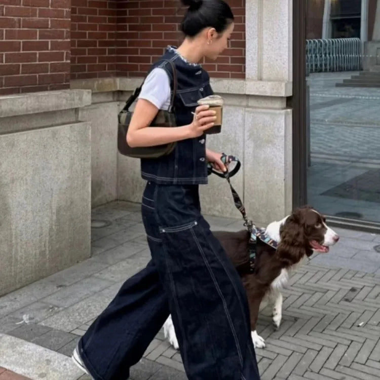 Aiertu  -  Korean Fashion Clothing Retro Denim Two Piece Set Women Outfits Spring and Summer Denim Vest Slimming Short Top Wide Leg Pants Aiertu