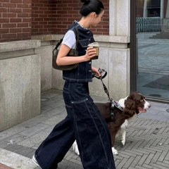 Aiertu  -  Korean Fashion Clothing Retro Denim Two Piece Set Women Outfits Spring and Summer Denim Vest Slimming Short Top Wide Leg Pants Aiertu