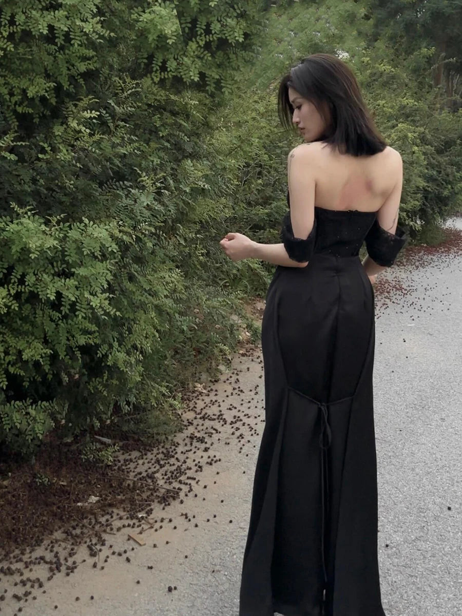 Aiertu  -  Formal Black Stitch Lace Satin Party Gown Women Maxi Boned Corset Sweetheart Mermaid Evening Dress Sexy Retro Clothes Aiertu