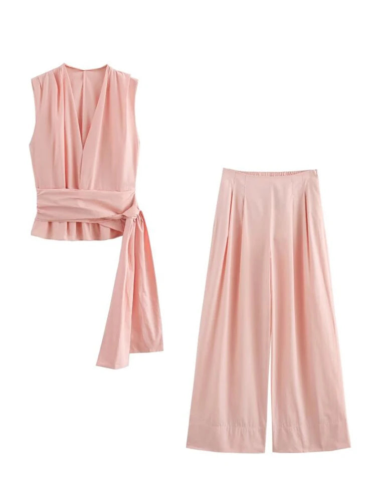 Aiertu  -  Women Sumemr Pleated 2-Pieces Sets Fashion Solid Poplin Blouses Tops and Trousers Female Elegant Street Two Suits Clothing Aiertu