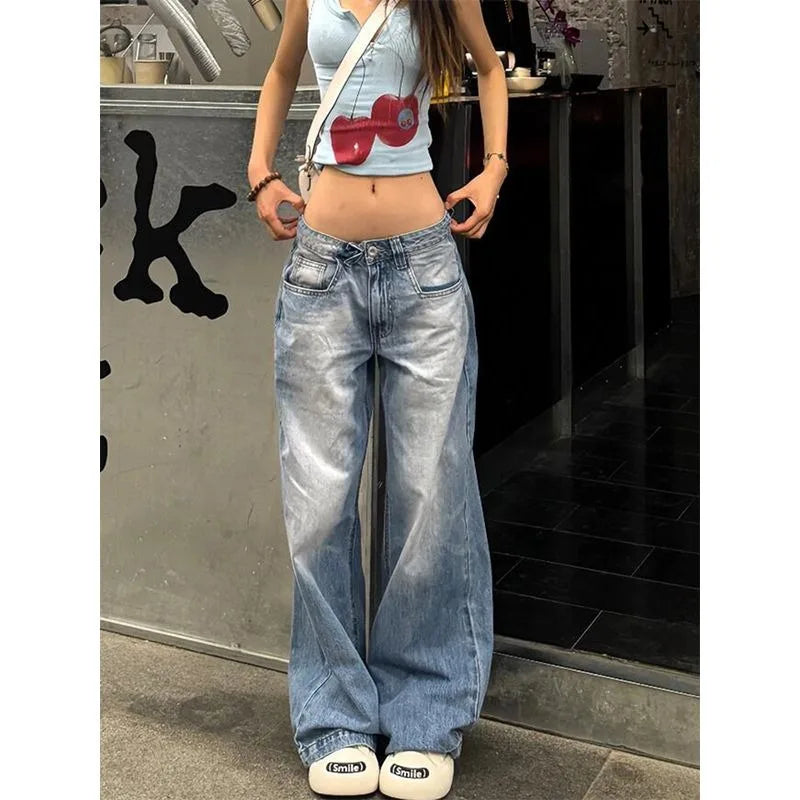 Aiertu  -  Fashion Street Blue Washed Low Rise Straight Jeans Women Summer Retro New Loose Korean Street Casual Wide Leg Jeans Aiertu