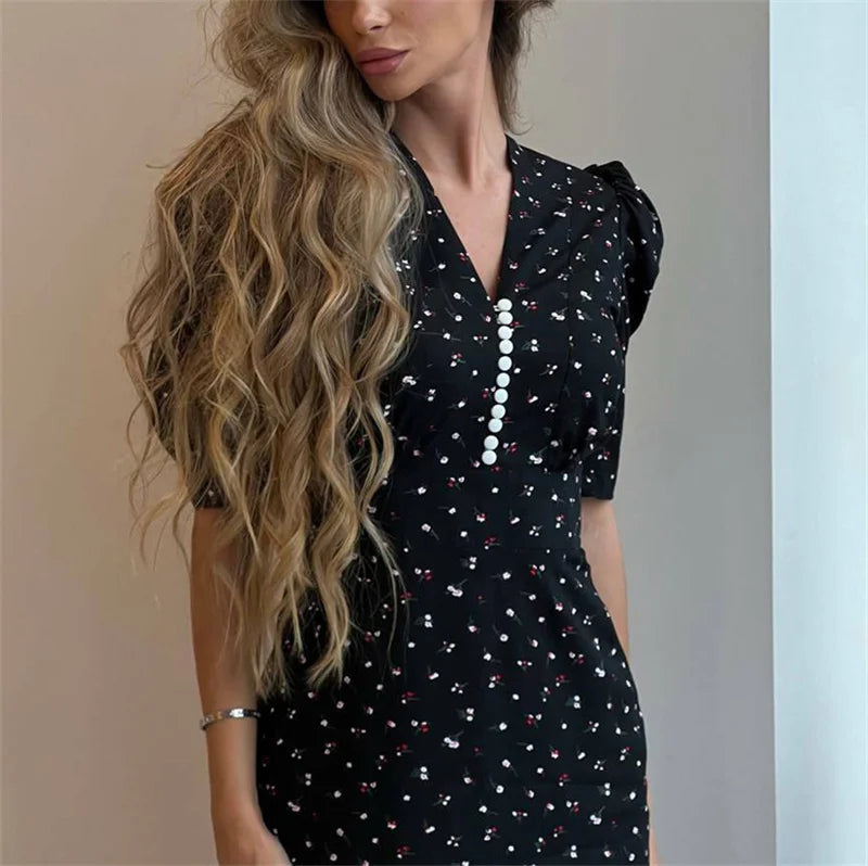 Aiertu  -  Print Short Sleeve Dress V Neck Maxi Dress For Women Elegant High Waist Button Print Sexy Slim Fashion Holiday Dress Aiertu