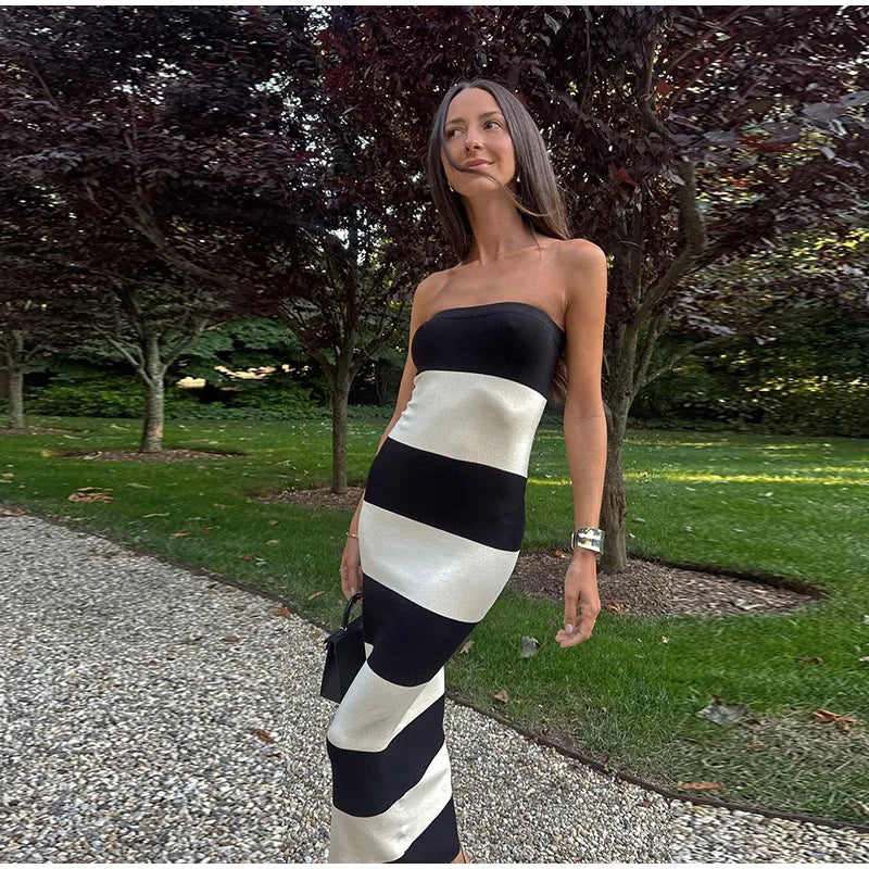 Aiertu  -  Knitted Striped Tube Tops Long Dress Long Jacket Women Set Backless Robe Long Sleeved Single Breasted Jacket Spring Summer Suit Aiertu
