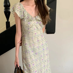 Aiertu  Sweet Long Floral Plaid Summer Chiffon Dress Women Sashes Flying Sleeve A-line Midi Sundress Female Woman Clothes 2025 Aiertu