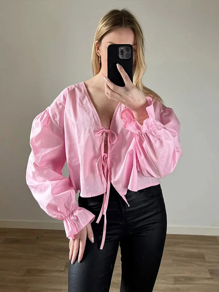 Aiertu  -  Cotton Bow Lace Up Shirt Women Elegant V-neck Hollow Out Long Lantern Sleeve Shirts 2026 Spring Summer Casual Loose Fashion Tops Aiertu