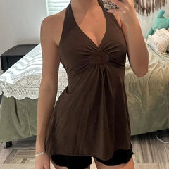 Aiertu  -  Brown Embroidered V Neck Backless Halter Top 2000s Clothes Y2k Vintage Sexy Tank Tops Women Summer 2025 Aiertu
