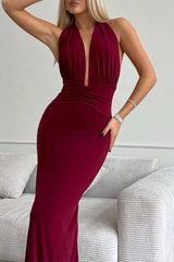 Aiertu  -Sexy Solid Color Backless Ruched Halter Evening Dresses aiertu
