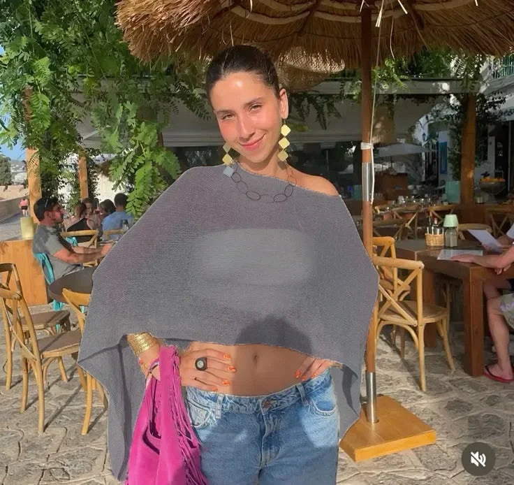 Aiertu  -  Thin See Through Irregular Knit Cover Ups Crop Tops Women Sexy Inclined Shoulder Summer Holiday Beach Smock Pullover Shawl Tees Aiertu