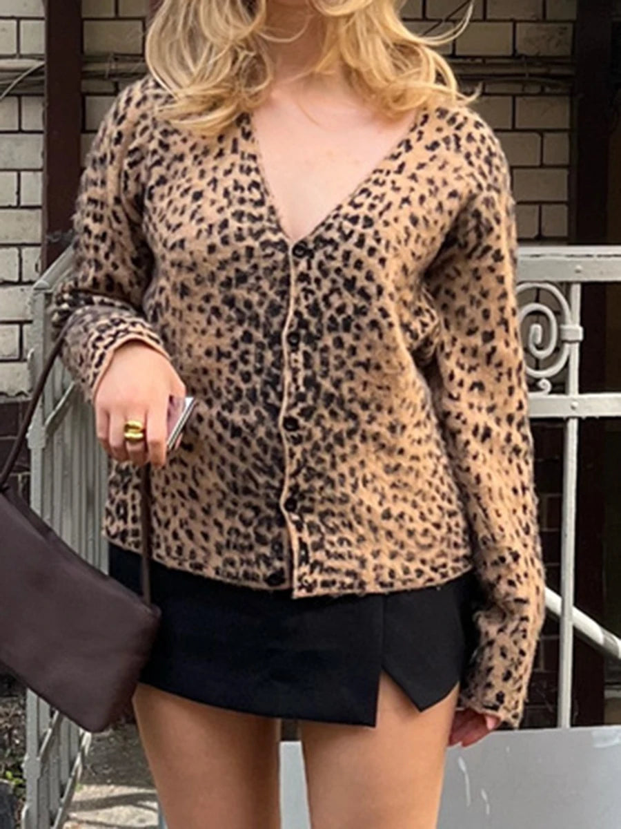 Aiertu  -   Leopard Soft Sweater Cardigan Women V Neck Single Breasted Knitted Outerwear Autumn New Streetwear Vintage Long Sleeve Jumper Aiertu