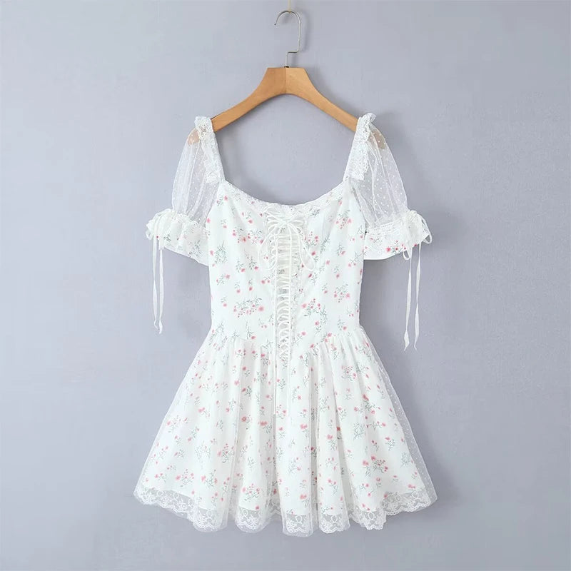 Aiertu  -  Sexy Off Shoulder Floral Print Mini Dresses For Women Short Sleeve Low Waist Holiday Summer Dress Lace Up Elegant Party Robe Aiertu