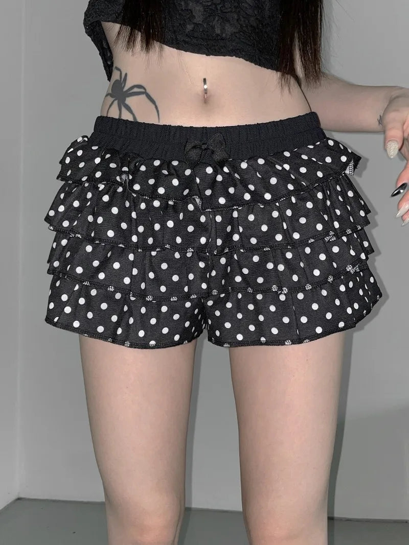 Aiertu  -  Ballet Core Polka Dot Cake Shorts for Girls Gyaru Japanese 2000s Y2k Summer Elastic Waist Ruffle Black Shorts P84-DZ15 Aiertu