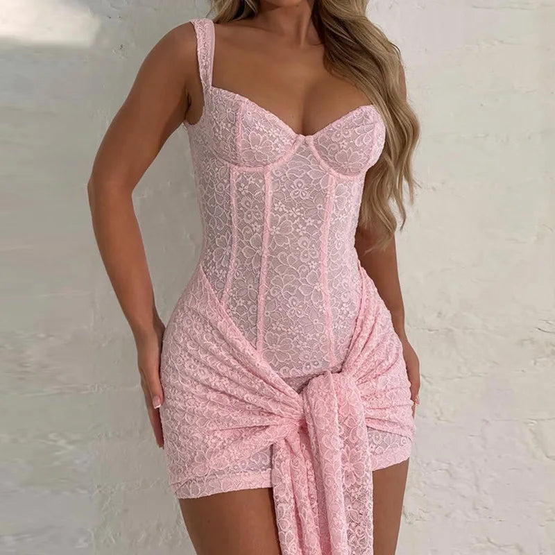 Aiertu  -  Sexy Sleeveless Short Lace Dress Women's Bandage Pink Party Gowns 2025 Summer High Waist Bodycon Green Evening Dresses Clubwear Aiertu