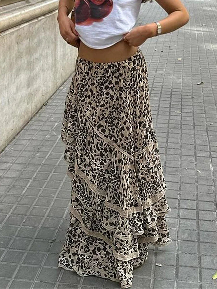 Aiertu  -  Summer New Leopard Printed Maxi Skirt Women's Ruffled Patchwork Fashion Loose High Waist Bandage Female Club Party Skirt Aiertu