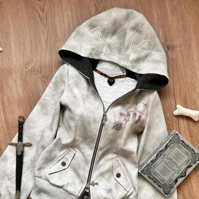 Aiertu  -  Y2k Aesthetic Vintage Printing Pocket Hoodies Gothic Fairy Grunge Hooded Jackets Autumn Women Double Zippers Punk Sweatshirt Aiertu