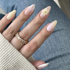 Aiertu  -  24PCS Summer Almond False Nail 3D Flower Shell Fresh Design Fake Nail for Women Full Cover Acrylic Wearable French Nail Tips Art Aiertu
