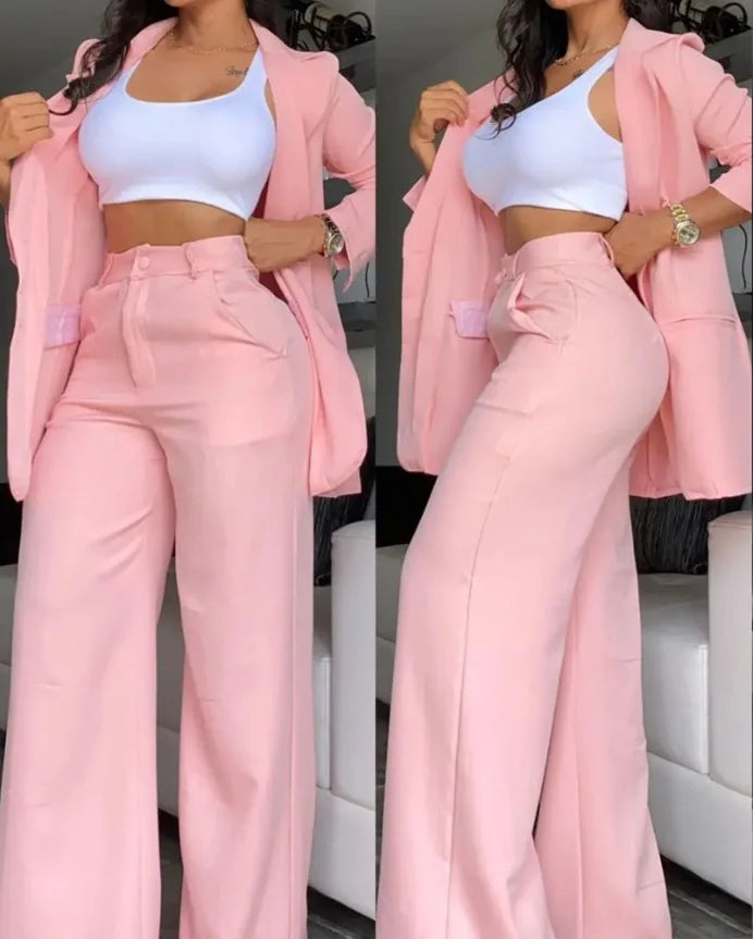 Aiertu 2025 Woman Elegant Sets Autumn Fashion Women's Notched Collar Coat & Pocket Design Pants Set Work Commuting Two Piece Suit Aiertu