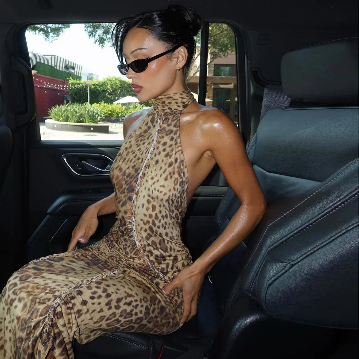 Aiertu  -  Fashion Halter Leopard Sexy Backless Maxi Dress Women Club Outfits Bandage Embellished Long Dresses Robe Clothes Aiertu