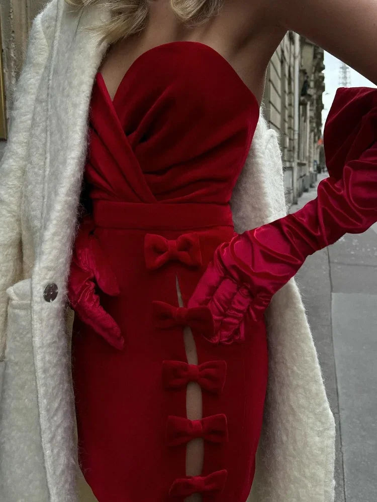 Aiertu  -  Red Bow Decoration Velvet Slim Fit Gowns Women V-neck Off Shoulder Pleated Mini Dresses 2026 Autumn Fashion Lady Club Party Wear Aiertu