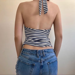 Aiertu  -  Y2K Women Tie Up Front Striped Halter Vest Backless Sexy Casual Fitted Sleeveless Crop Top Summer Fashion Tank Tops Aiertu