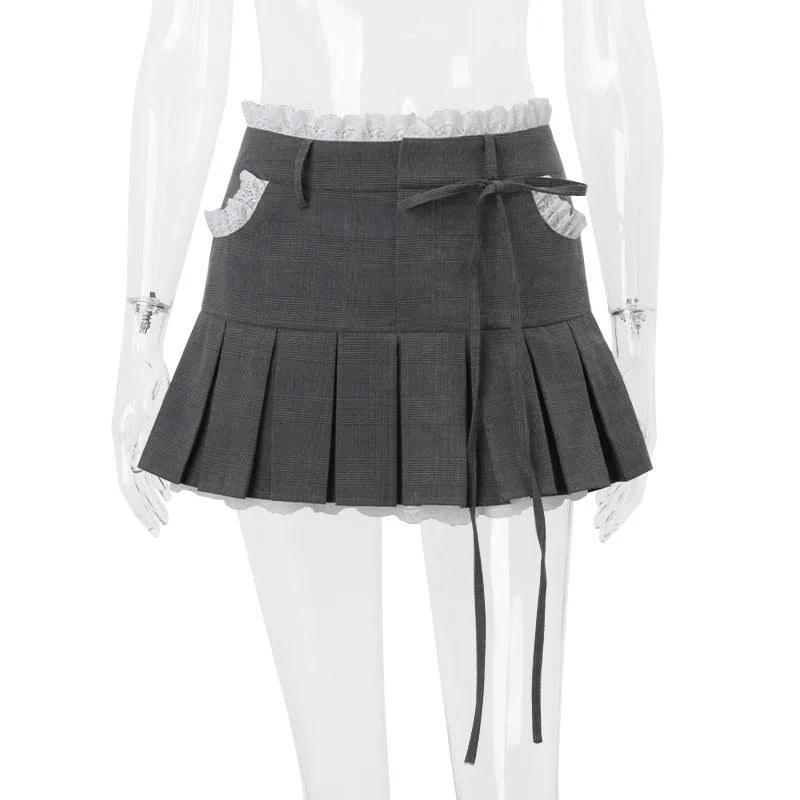 Aiertu  -  Lace Trim Low Waist Pleated Skirt Women Y2k Cutecore A-line Mini Skirts Kawaii Girls P33-DZ19 Aiertu