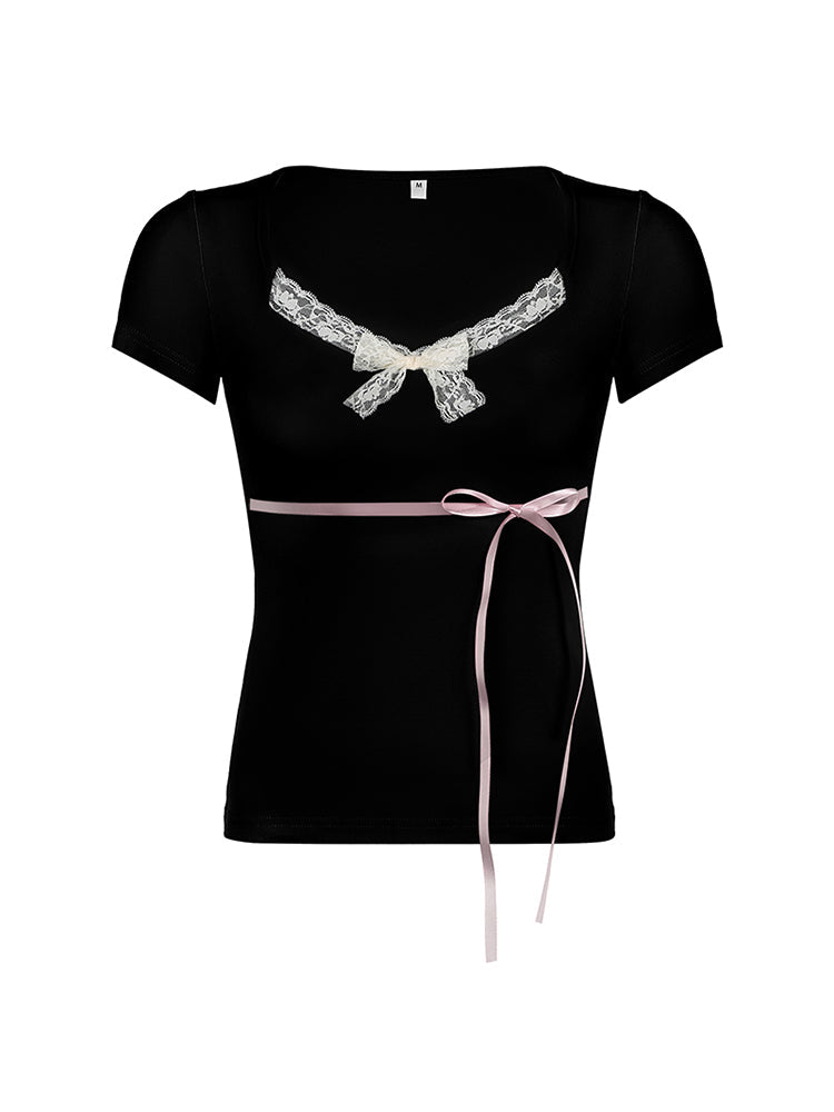 Aiertu - summer inspo Japanese Kawaii Contrast Lace Tie Bow Square Collar Slim Short Sleeve Black T Shirt Women Pink Sweet Balletcore Cute Tees Aiertu