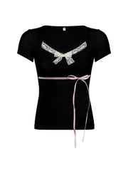 Aiertu - summer inspo Japanese Kawaii Contrast Lace Tie Bow Square Collar Slim Short Sleeve Black T Shirt Women Pink Sweet Balletcore Cute Tees Aiertu