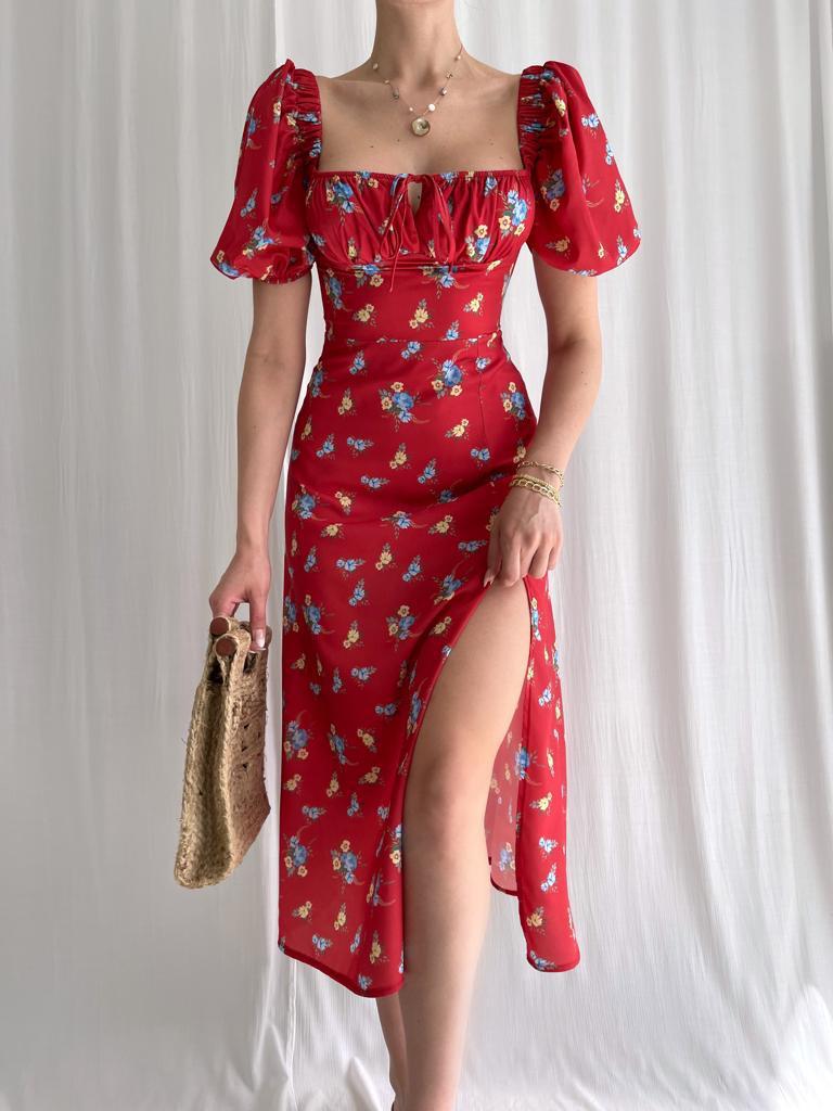 Aiertu - Puff Sleeve Floral Fields Maxi Dress Aiertu