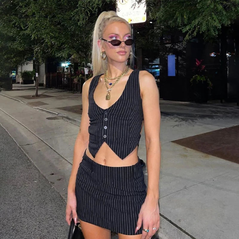 Aiertu  -  Women Two Piece Sets Vintage Crop Top with A-Line Mini Skirts Vintage Y2k Black Gothic Striped Skirt Sets 2000s Fashion Clothes Aiertu