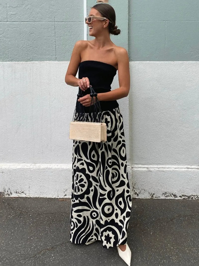 Aiertu  -  Woman Clothing Vintage Strapless Print Patchwork A-line Holiday Dress Female Sexy Sleeveless Black Long Party Evening Dresses Aiertu
