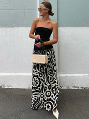 Aiertu  -  Woman Clothing Vintage Strapless Print Patchwork A-line Holiday Dress Female Sexy Sleeveless Black Long Party Evening Dresses Aiertu