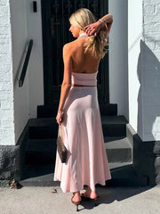 Aiertu  -  Folds Temperament 2-Piece Set Women Metal Rings Low-Neck Backless Sleeveless Tops+Streamers Long Skirts Matching Suits Aiertu