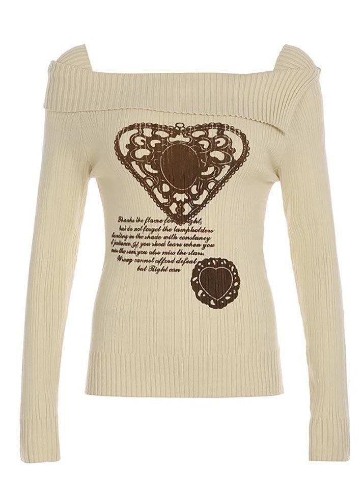 Aiertu  -Vintage Print Irregular Neck Sweater aiertu