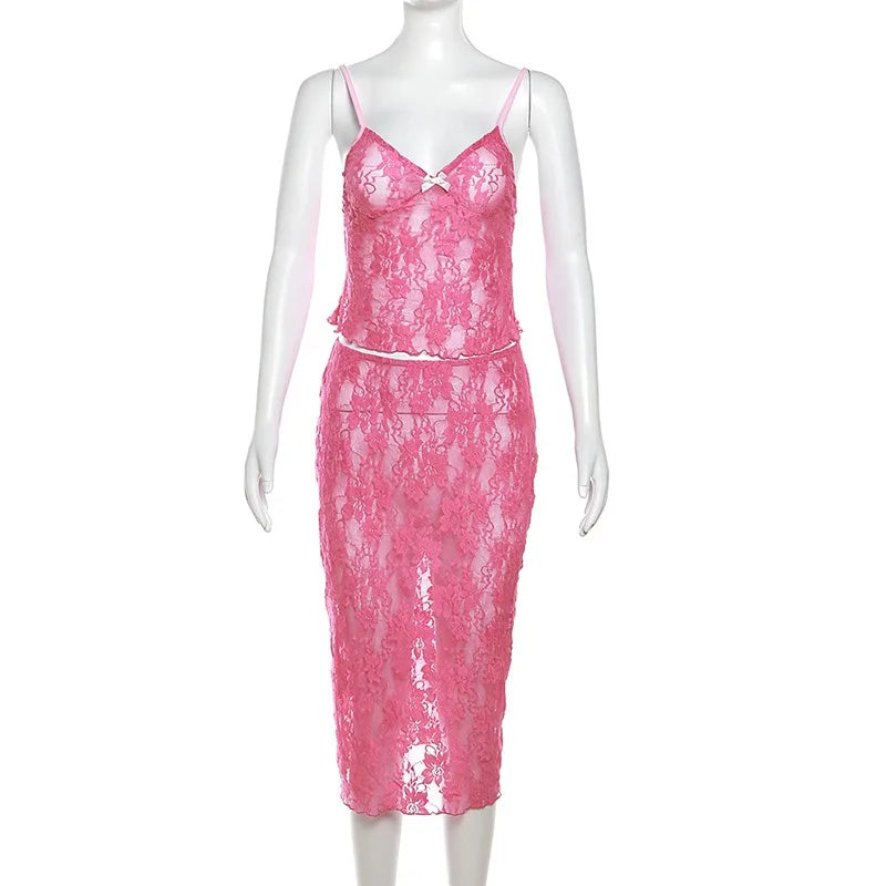 Aiertu  -  Two-Piece Set with Spaghetti Strap, Sleeveless Backless, Lace Slim Crop Top, Camisole, Hip Midi Skirt, Rose Red Aiertu