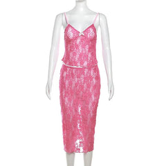 Aiertu  -  Two-Piece Set with Spaghetti Strap, Sleeveless Backless, Lace Slim Crop Top, Camisole, Hip Midi Skirt, Rose Red Aiertu