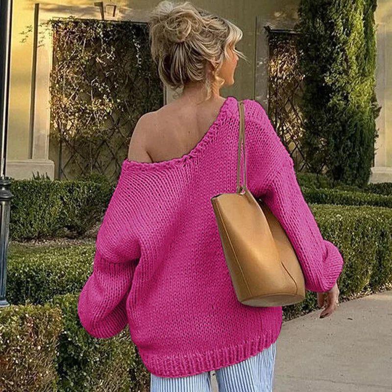 Aiertu  -  Loose Big V Neck knitted Sweater For Women Casual Solid Color Pullovers Top Long Sleeve Hollow Top Autumn Winter New 2026 Aiertu