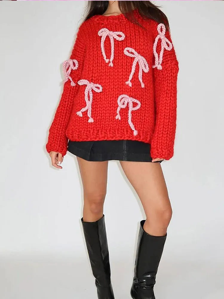 Aiertu  -  Bow Knitted Women Sweater Long Sleeve O Neck Lady Top 2026 Autumn New Sweetie Fashion Elegant Contrast Loose Female Pullover Aiertu