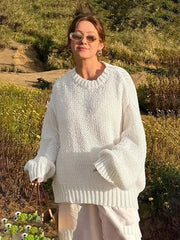 Aiertu  -  White Loose Lazy Sweater Women's Thin Long-Sleeved Pullover Knitted Top Hollow Out Fashion Autumn Female Casual Knitwear Aiertu