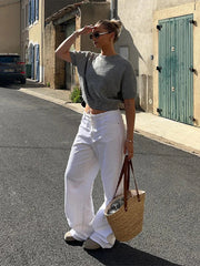 Aiertu  -  Chic Gray Short Sleeve Pullovers For Women Elegant Round Neck Slim Sweaters Female Vacation Beach Party Lady Chic Street Tops Aiertu