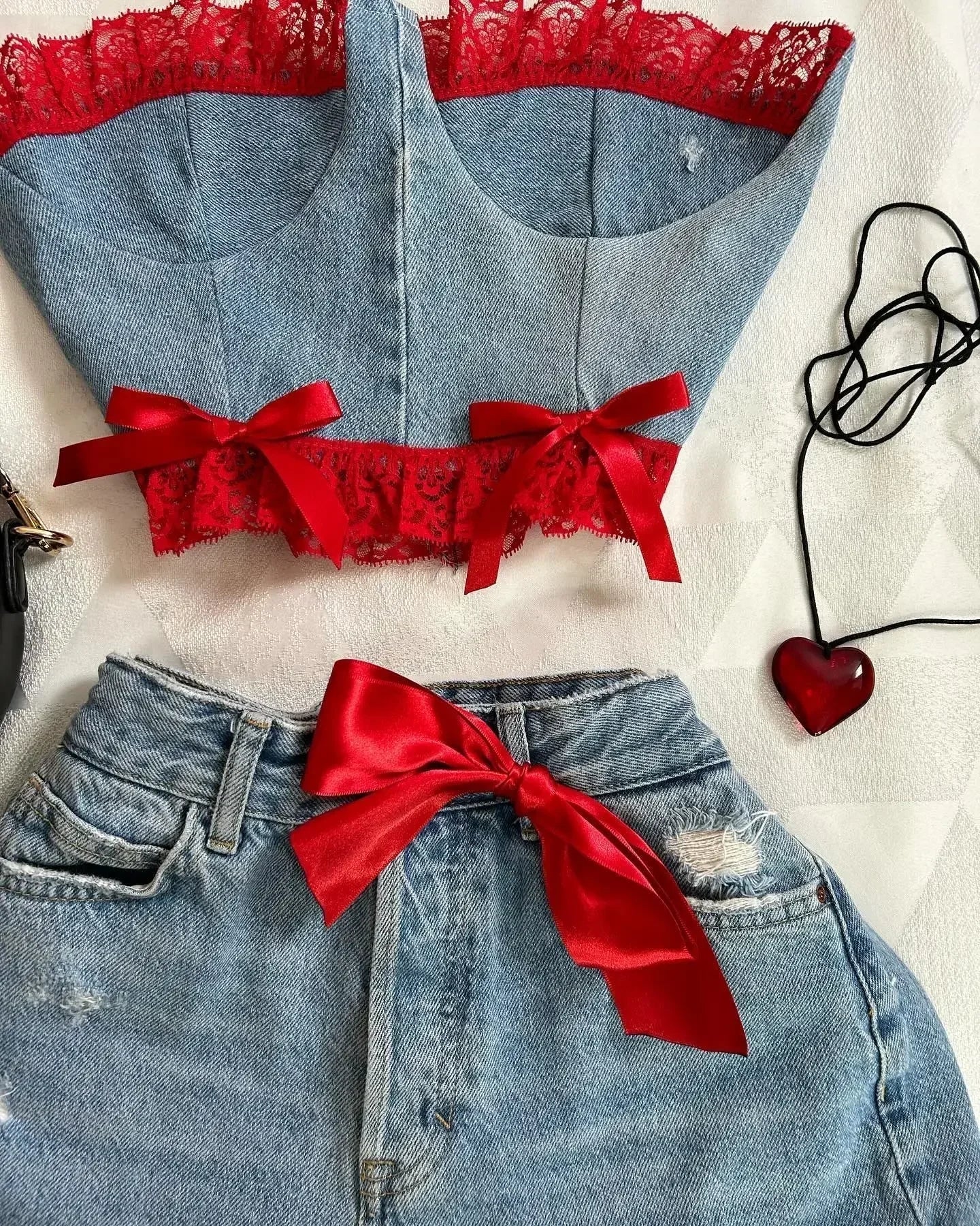Aiertu  -  Y2K Sexy Mini Skirt Denim Tie Cross Bow Bandage Cape+denim Two-piece Zipper Strapless Tube Top Streetwear Set Aiertu